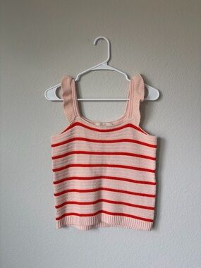 LOFT Women’s Pink & Red Striped Knit Tank Top with Ruffle Straps Size Small